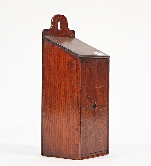 A George III inlaid oak wall hanging slope front candle box, 18cm wide; 50cm high