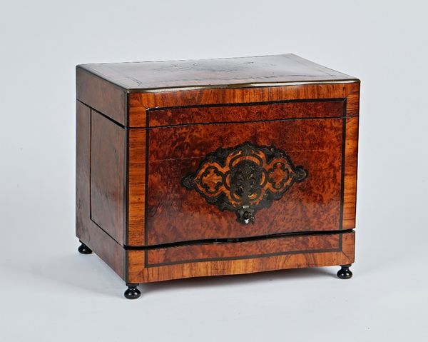 A 19th century French brass inlaid amboyna lift front liqueur box with fitted interior, glass ware lacking, 32cm wide; 28cm high