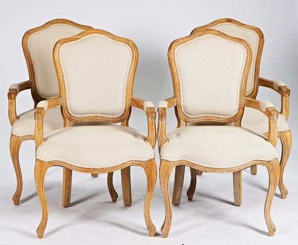 A set of four bleached oak framed 18th century style French open armchairs, 61cm wide x 99cm high (4).
