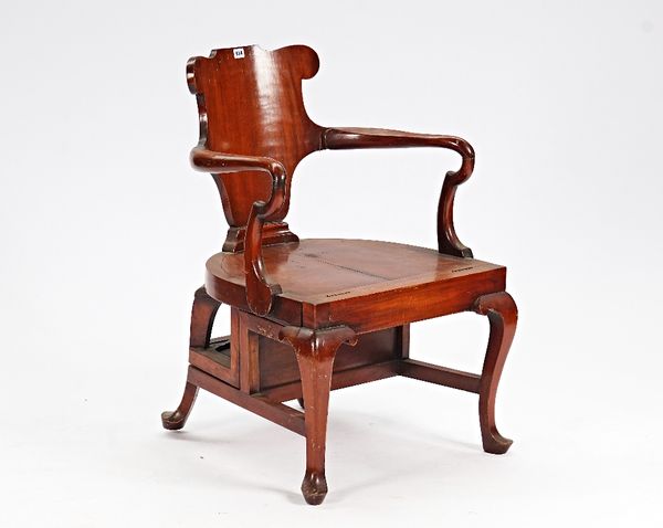 A George II style mahogany metamorphic open arm library chair, on cabriole supports, 65cm wide x 93cm high.