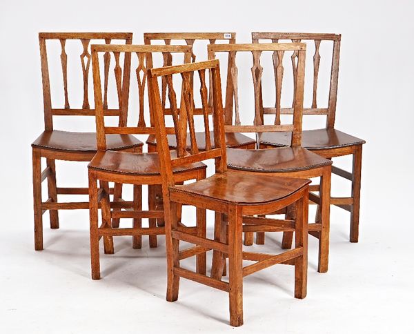 A set of six 18th century elm stickback dining chairs, on block supports, 48cm wide x 89cm high, (6).