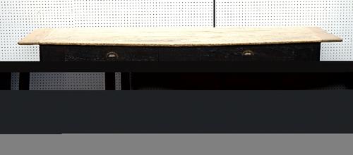 A 19th century French kitchen table, the canted sycamore and pine top on a black painted two drawer base with unusual stretcher, 82cm wide x 245cm...