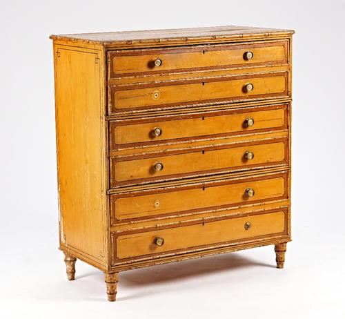 A Regency polychrome painted faux bamboo chest with three long full front drawers fronted as six, 106cm wide x 121cm high.