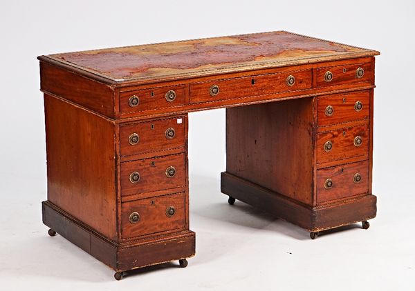 A 19th century mahogany pedestal desk, with nine drawers about the knee, 120cm wide x 87cm deep.