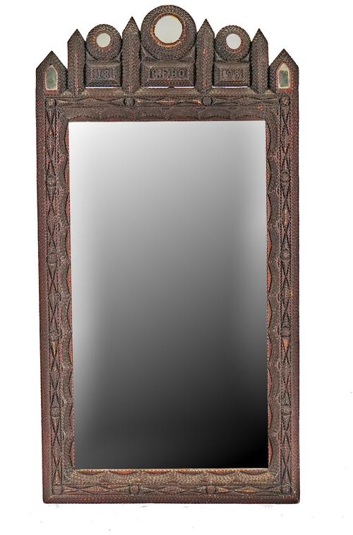 Tramp Art, a late 19th century rectangular mirror with raised decoration, 72cm wide x 140cm high.