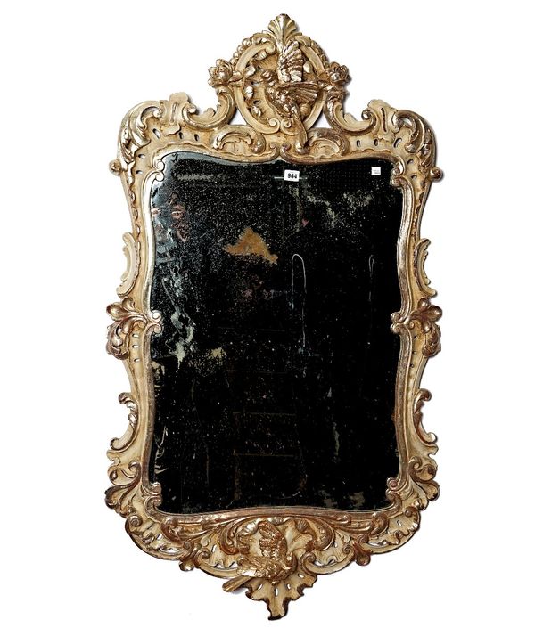 A 19th century white painted and silvered mirror with moulded bird decoration to upper and lower frieze and shaped frame, 78cm wide x 140 cm high.