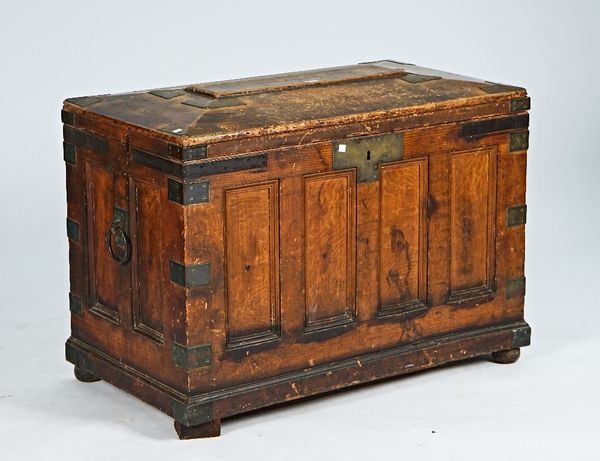 A Victorian brass bound oak silver chest with fielded panel decoration, 101cm wide x 76cm high.