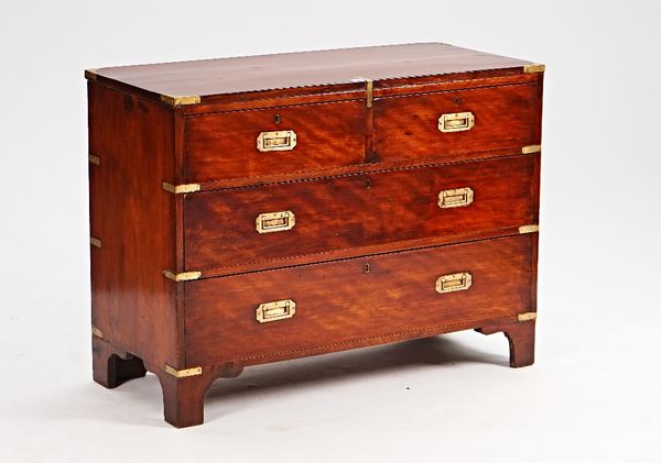 A brass bound mahogany Campaign style chest of two short and two long graduated drawers on bracket feet, 107cm wide x 80cm high.