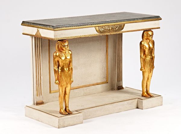 An Egyptian revival console, the painted faux marble top on pair of gilt figural supports, 125cm wide x 89cm high.