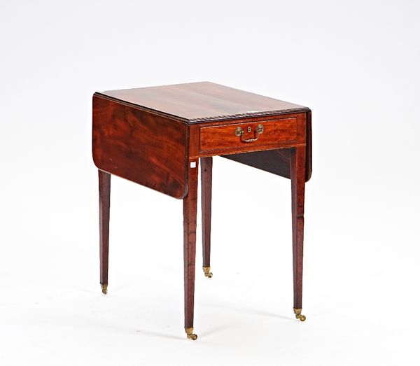 A George III inlaid mahogany small Pembroke table, with end frieze drawer on tapering square supports, 62cm wide x 71cm high.