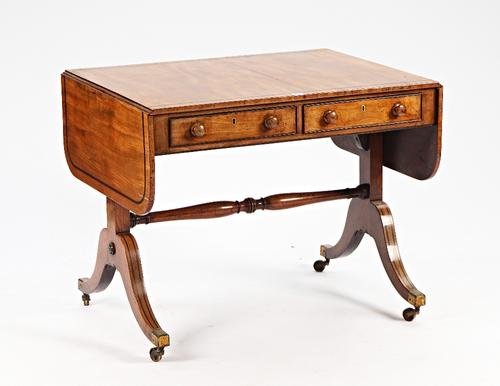 A George III inlaid mahogany sofa table, with pair of frieze drawers on downswept supports, 91cm wide x 72cm high.