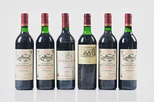 Four bottles of 1990 Chateau Haut-Bages Monpelou Paulliac, one 1989 Chateau Lascombes Margaux and one 1989 Chateau Cantemerle Haut-Medoc. (6)
