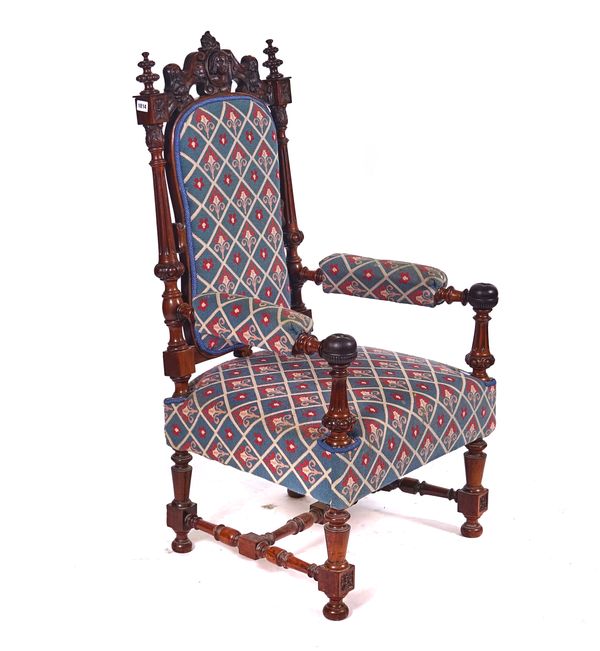 A 19TH CENTURY CARVED ROSEWOOD OPEN ARMCHAIR