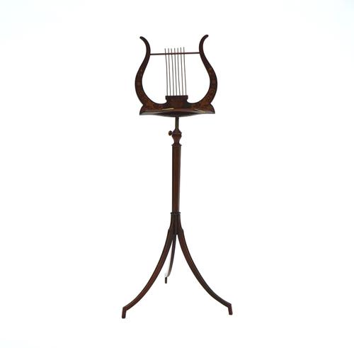 A 19TH CENTURY MARQUETRY INLAID MAHOGANY LYRE SHAPE MUSIC STAND