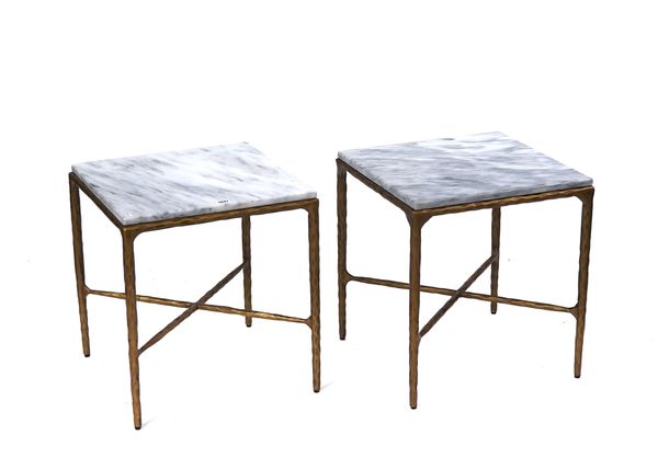 AFTER GIACOMETTI; A PAIR OF MARBLE TOPPED SQUARE SIDE TABLES