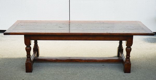 A 17TH CENTURY STYLE OAK PLANK TOP REFECTORY TABLE