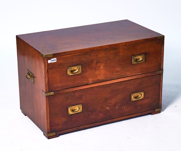 A CAMPAIGN STYLE BRASS BOUND YEW WOOD LOW CHEST