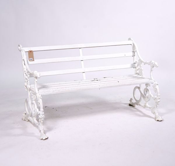 COLLECTED 28.10.21  A 19TH CENTURY 'SERPENT AND GRAPE' PATTERN WHITE PAINTED GARDEN BENCH, AFTER A DESIGN BY COALBROOKDALE