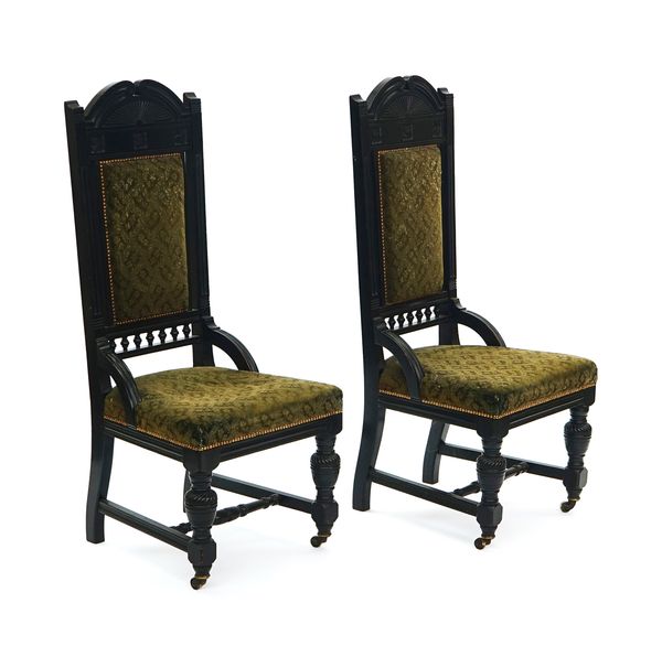 A PAIR OF AESTHETIC MOVEMENT EBONISED OAK HIGH BACK SIDE CHAIRS