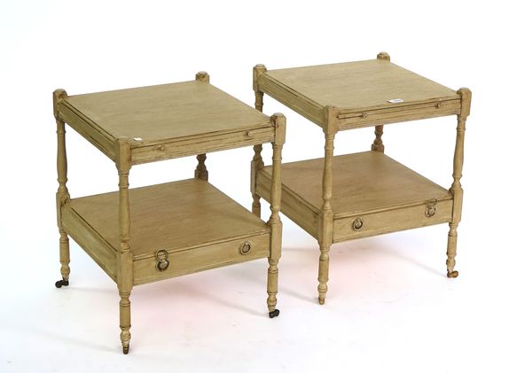 A PAIR OF TAUPE PAINTED SQUARE TWO TIER SIDE TABLES