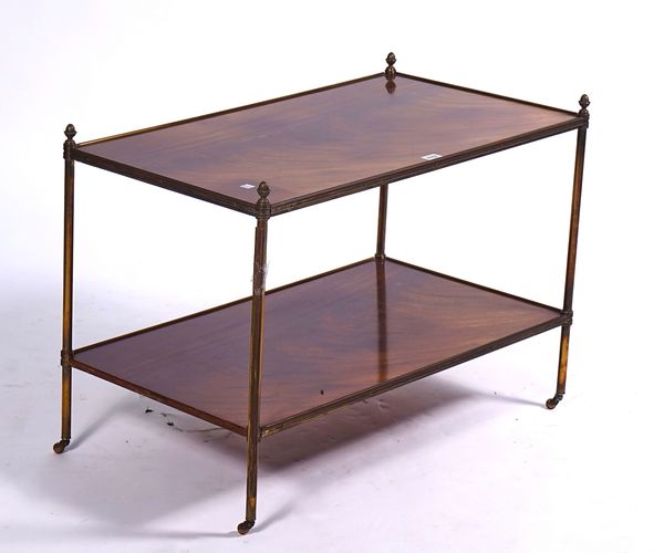 A 20TH CENTURY MAHOGANY AND BRASS RECTANGULAR TWO TIER ETAGERE