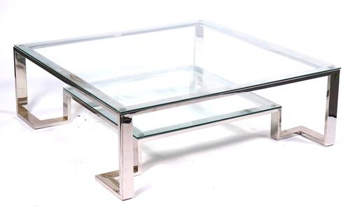 A LARGE 20TH CENTURY SQUARE GLASS TOPPED COFFEE TABLE