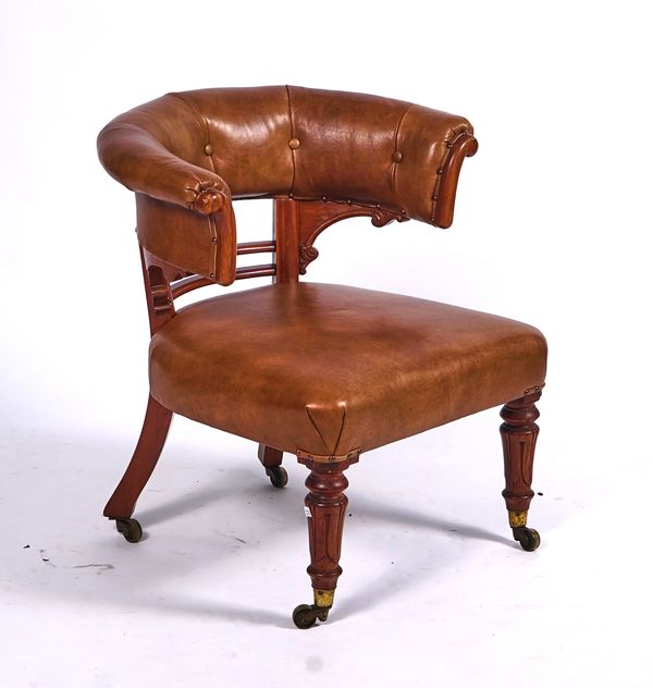 AN EARLY VICTORIAN SATINWOOD FRAMED TUB BACK OFFICE CHAIR
