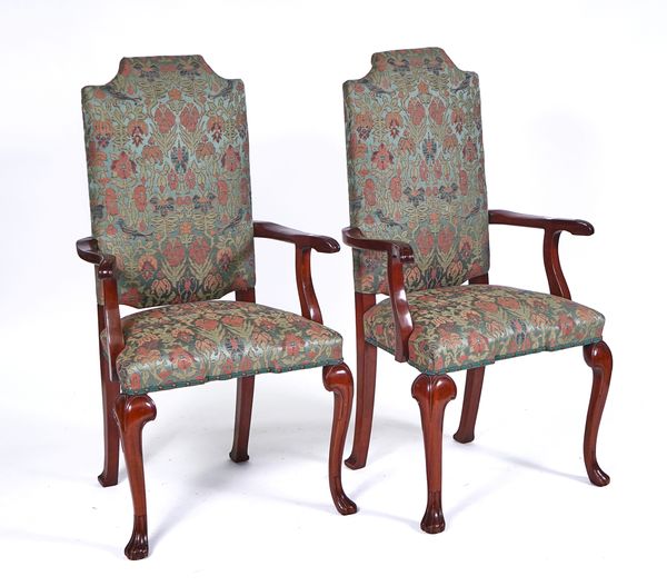 A PAIR OF QUEEN ANNE STYLE HUMP BACK OPEN ARMCHAIRS