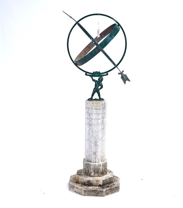 A GREEN PAINTED CAST IRON AND COPPER ARMILLARY SPHERE
