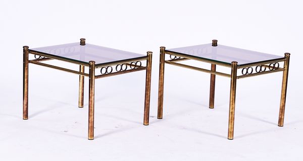 A PAIR OF 20TH CENTURY LACQUERED BRASS AND SMOKED PERSPEX RECTANGULAR OCCASIONAL TABLES