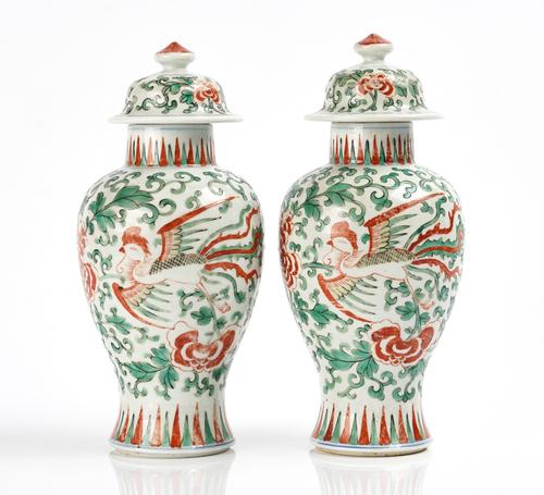 A PAIR OF CHINESE PORCELAIN BALUSTER VASES AND COVERS