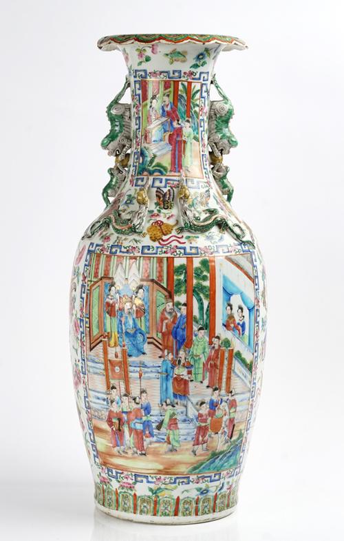 A LARGE CANTON FAMILLE-ROSE TWO-HANDLED BALUSTER VASE