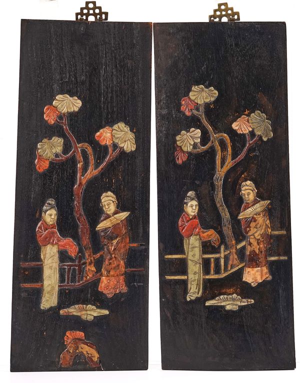 A PAIR OF CHINESE SOAPSTONE INLAID WOODEN PANELS