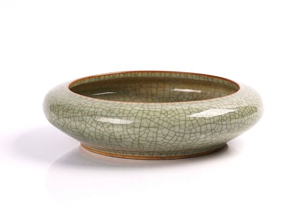 A CHINESE CRACKLE GLAZED CELADON SHALLOW BOWL