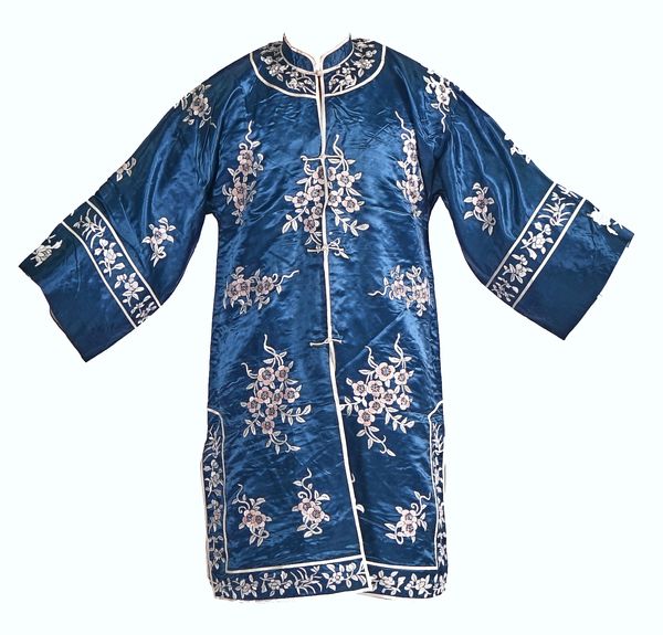 A CHINESE EMBROIDERED BLUE GROUND SILK ROBE