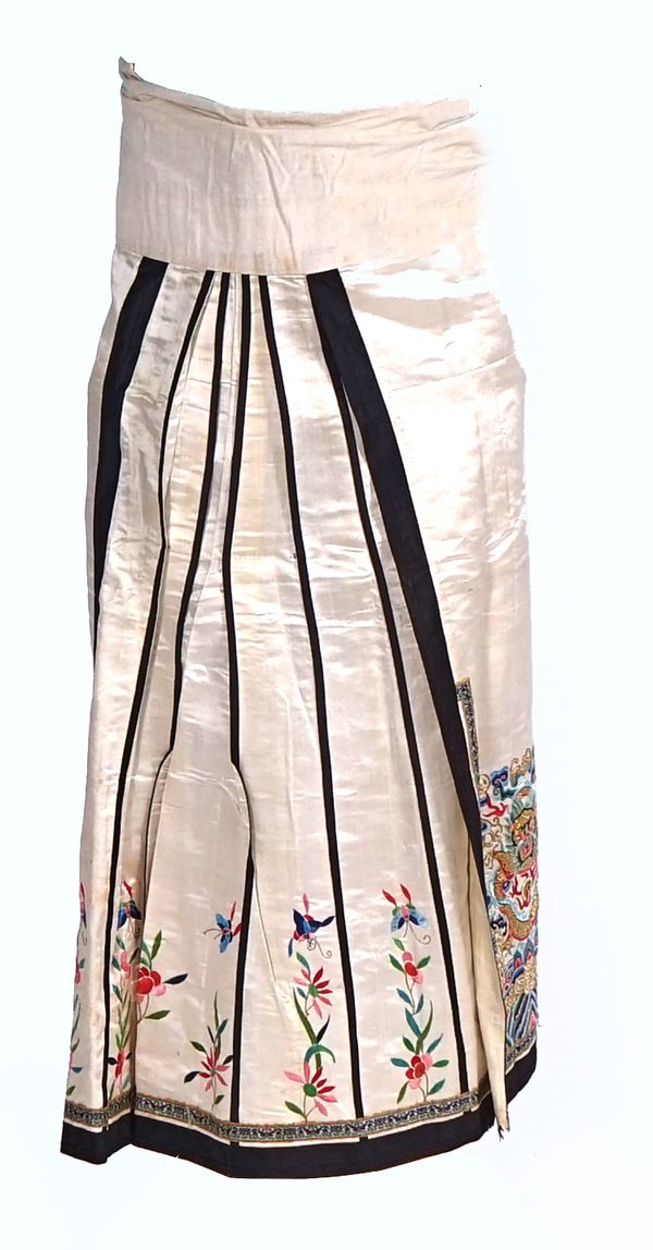 TWO CHINESE EMBROIDERED SILK APRON SKIRTS