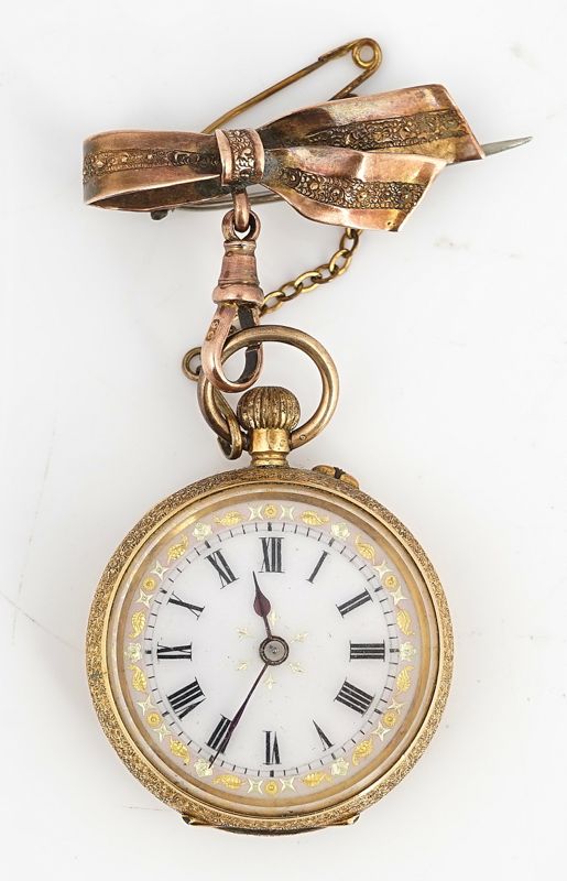 A GOLD, DIAMOND SET AND ENAMELLED LADY'S FOB WATCH AND BROOCH (2)