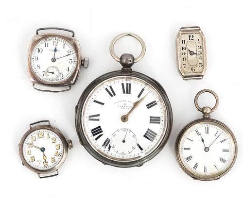 FIVE MOSTLY SILVER CASED WATCHES (5)