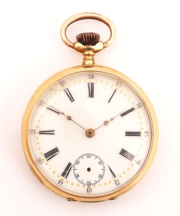 A GOLD CASED, KEYLESS WIND, OPENFACED FOB WATCH