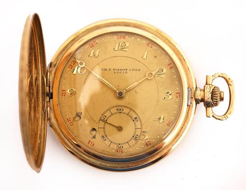 A TISSOT GOLD CASED, KEYLESS WIND, HUNTING CASED DRESS WATCH