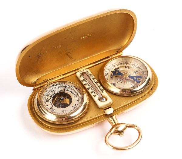 A 15CT GOLD CASED POCKET BAROMETER / COMPASS / THERMOMETER