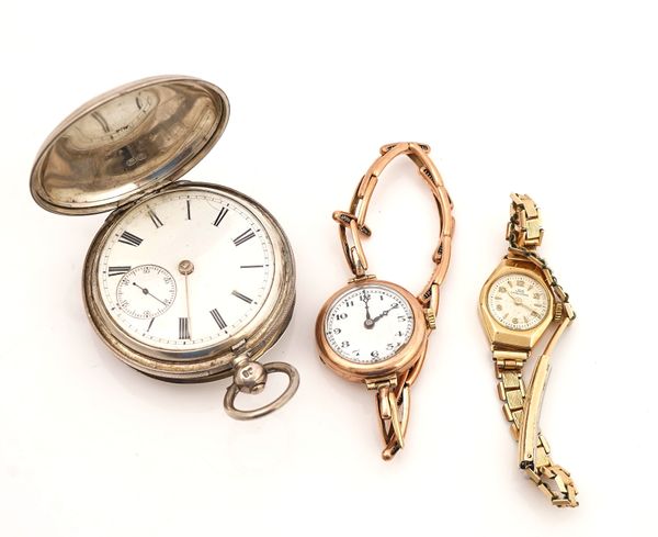 TWO LADY'S 9CT GOLD CASED WRISTWATCHES AND A SILVER POCKET WATCH (3)