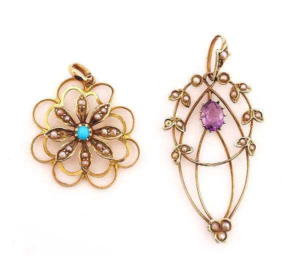 TWO GOLD AND GEM SET PENDANTS (2)