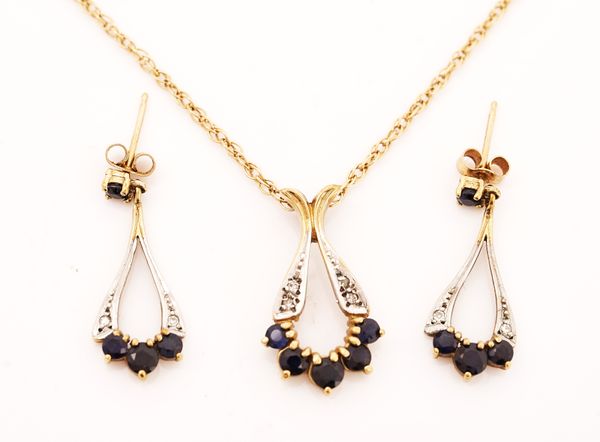 A  9CT GOLD, SAPPHIRE AND DIAMOND PENDANT AND A PAIR OF MATCHING EARRINGS (2)