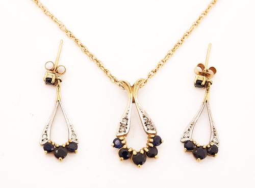 A  9CT GOLD, SAPPHIRE AND DIAMOND PENDANT AND A PAIR OF MATCHING EARRINGS (2)