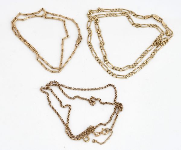A 9CT GOLD FIGARO LINK NECKCHAIN  AND TWO FURTHER 9CT GOLD NECKCHAINS (3)
