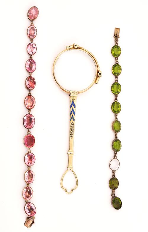 A PAIR OF GOLD AND BLUE ENAMELLED FOLDING LORGNETTES AND TWO BRACELETS (3)