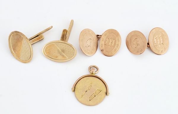 TWO PAIRS OF GOLD CUFFLINKS AND A GOLD MASONIC FOB