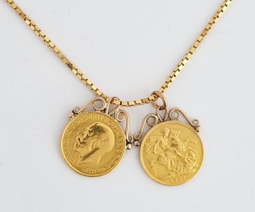 TWO SOVEREIGN PENDANTS AND A GOLD NECKCHAIN (3)