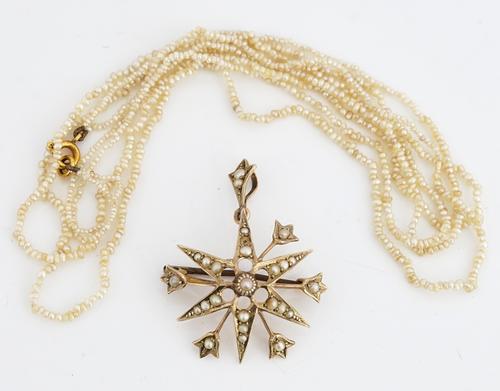A 9CT GOLD AND SEED PEARL PENDANT BROOCH AND A SEED PEARL NECKLACE (2)